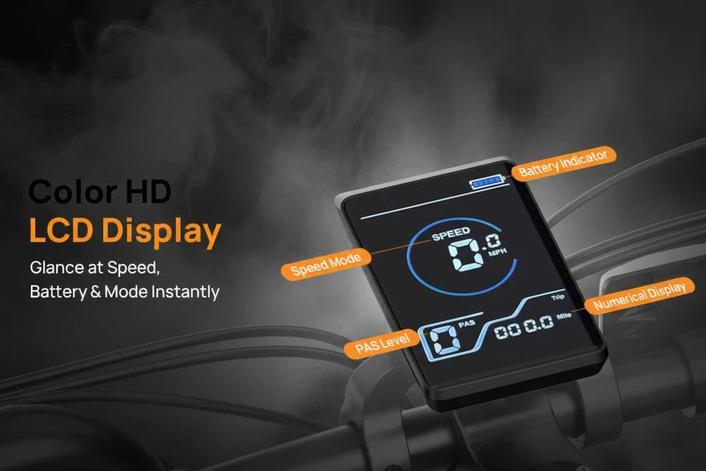 Motorcycle speedometer with color HD LCD display on a white background
