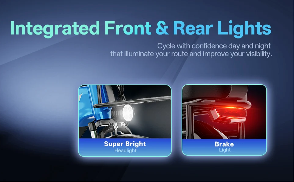 Electric bike with integrated front and rear lights on a dark background